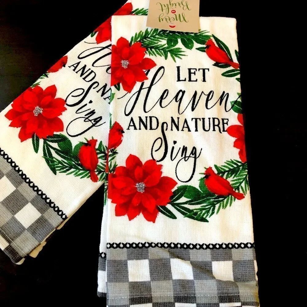 Christmas Cardinal Poinsettia Wreath Dish Towels Set